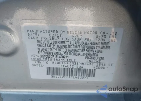 2015 Nissan Versa Note S (Sr)/S Plus/Sl/Sr/Sv из США, поврежденный, VIN 3N1CE2CP1FL420271